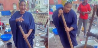 Mercy Aigbe Shares Throwback Video Of Herself Cooking With Older Housewives At Her Husband’s Hometown