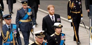 ROYALTY: United in Grief: Warring brothers William and Harry are seen together before walking behind Queen’s coffin
