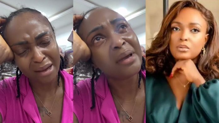 Collage: a woman in a pink top crying in two frames, and a separate portrait of a woman with wavy hair resting her chin on her hand.