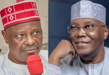 2027: Kwankwaso rejects Atiku as running mate Two men in traditional attire wearing patterned caps: left man speaks into a red microphone, right man rests his chin on his hand and smiles.