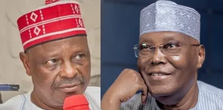 2027: Kwankwaso rejects Atiku as running mate Two men in traditional attire wearing patterned caps: left man speaks into a red microphone, right man rests his chin on his hand and smiles.