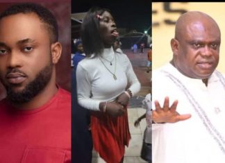 Damola Olatunji fires at OPM pastor for ‘paid husband’ plan Collage of three people: a man in a red shirt on the left, a woman in a white top and red skirt in the middle, and a man in white traditional attire on the right.