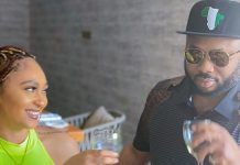 “I’ll always pick my kids over anyone,’ Churchill sparks split rumours from Rosy Meurer Smiling couple toasting with champagne glasses at a casual outdoor gathering, woman in neon green top and man wearing hat and sunglasses.