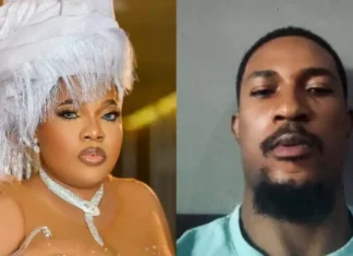 Toyin Abraham reacts to viral claims of re-arresting influencer Two people shown side by side: left is a drag performer in a white feather headdress and dramatic makeup; right is a man with short hair and goatee against a gray wall.