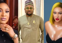 Churchill denies legal marriage to Rosy, hints at reconciliation with Tonto Dikeh Three individuals in a collage: left a woman in black attire, middle a man in beige traditional outfit and cap, right a woman with neon yellow hair.