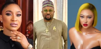 Churchill denies legal marriage to Rosy, hints at reconciliation with Tonto Dikeh Three individuals in a collage: left a woman in black attire, middle a man in beige traditional outfit and cap, right a woman with neon yellow hair.