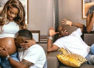 Priscilla Ojo speaks on decision to keep son’s face off social media Couple celebrating pregnancy at home: a pregnant woman with her partner touching her belly while a friend shows ultrasound photos nearby.