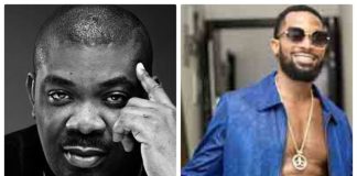 Don Jazzy recounts work, living experience with D’Prince, D’Banj Split image: left grayscale portrait of a man with a pendant, touching his temple; right man in a blue open shirt showing chest and gold necklace, smiling.