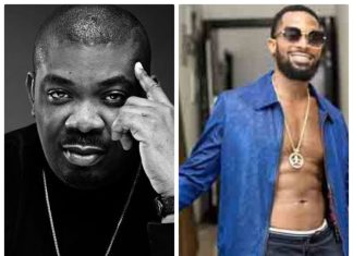 Don Jazzy recounts work, living experience with D’Prince, D’Banj Split image: left grayscale portrait of a man with a pendant, touching his temple; right man in a blue open shirt showing chest and gold necklace, smiling.