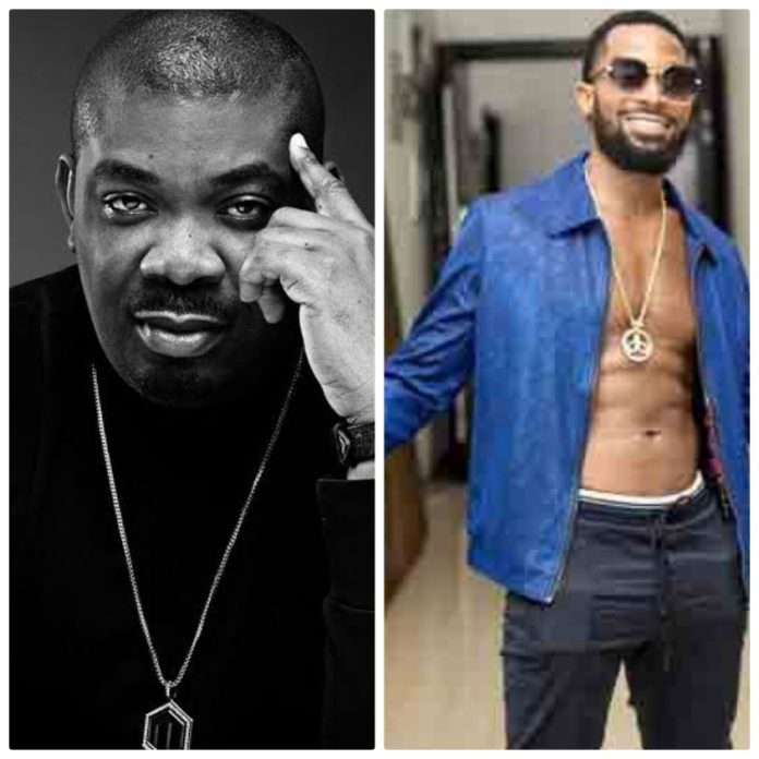 Split image: left grayscale portrait of a man with a pendant, touching his temple; right man in a blue open shirt showing chest and gold necklace, smiling.