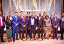 No plan to return fuel subsidy – Oyedele Group of diverse professionals in formal attire posing together for a group photo in an elegant lobby with marble wall panels behind them.