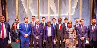 No plan to return fuel subsidy – Oyedele Group of diverse professionals in formal attire posing together for a group photo in an elegant lobby with marble wall panels behind them.