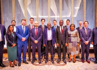 No plan to return fuel subsidy – Oyedele Group of diverse professionals in formal attire posing together for a group photo in an elegant lobby with marble wall panels behind them.