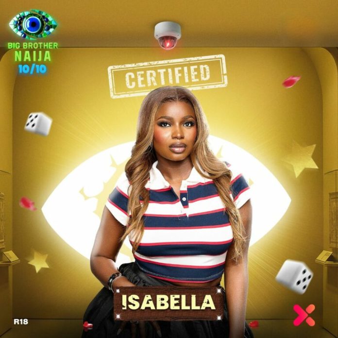 Isabella portrait in a striped polo, standing before a bright eye graphic with a 'CERTIFIED' stamp above; BBNaija branding in the background.