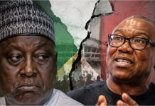 ‘He threw away my support’- Obi’s loyalist Babachir accuses him of betrayal Two men stand on opposite sides of a cracked wall with Nigerian flag colors behind them; the left man looks serious while the right man speaks.