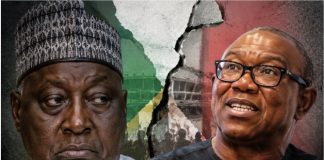 ‘He threw away my support’- Obi’s loyalist Babachir accuses him of betrayal Two men stand on opposite sides of a cracked wall with Nigerian flag colors behind them; the left man looks serious while the right man speaks.