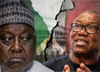 ‘He threw away my support’- Obi’s loyalist Babachir accuses him of betrayal Two men stand on opposite sides of a cracked wall with Nigerian flag colors behind them; the left man looks serious while the right man speaks.