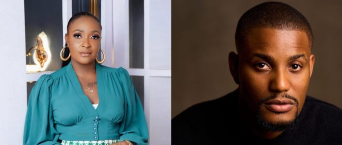 Blessing-Alex-1-1024x435-1 Portrait of a woman in a teal blouse with gold hoop earrings on the left, and a man with short hair and a goatee on the right.