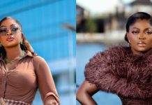 Eniola Badmus calls out Funke Akindele for boxing showdown amid ₦50m windfall buzz Two women posing outdoors by the water; left in a brown ruched top with sunglasses, right in a burgundy feathered dress.