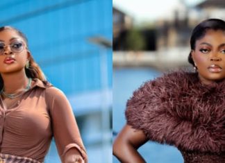 Eniola Badmus calls out Funke Akindele for boxing showdown amid ₦50m windfall buzz Two women posing outdoors by the water; left in a brown ruched top with sunglasses, right in a burgundy feathered dress.