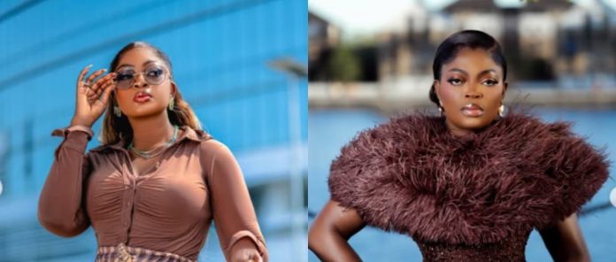 Two women posing outdoors by the water; left in a brown ruched top with sunglasses, right in a burgundy feathered dress.