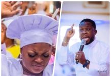 Why I stopped attending church – Funke Akindele Split-screen collage: left a female chef in white with a hat, eyes closed; right a male chef holding a microphone, raising his finger as he speaks.