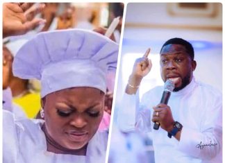 Why I stopped attending church – Funke Akindele Split-screen collage: left a female chef in white with a hat, eyes closed; right a male chef holding a microphone, raising his finger as he speaks.