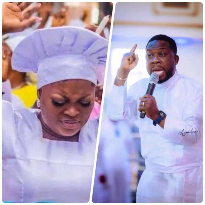 Split-screen collage: left a female chef in white with a hat, eyes closed; right a male chef holding a microphone, raising his finger as he speaks.