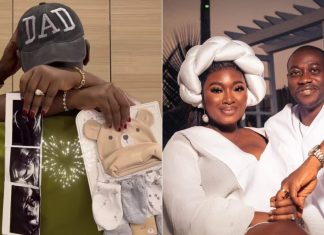 Lateef Adedimeji, Mo Bimpe welcomes triplets Two-panel image: left shows a person wearing a cap that says 'DAD' holding baby items and photos; right shows a couple in white, smiling and holding hands.