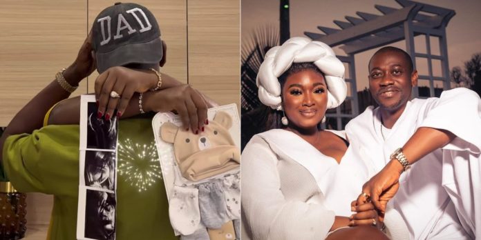 Two-panel image: left shows a person wearing a cap that says 'DAD' holding baby items and photos; right shows a couple in white, smiling and holding hands.