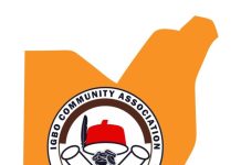 ‘Get your PVCs’, Ohanaeze, ICA urge Igbos resident in Abuja Orange abstract background with an Igbo Community Association circular logo in the center, featuring a red fez hat and crossed white scrolls/swords in black outline.