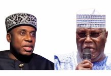 Amaechi rejects ADC Primary results, alleges massive rigging for Atiku Two men in traditional Nigerian attire; left man wears a patterned black cap, right man wears a light blue patterned cap and speaks into a microphone.