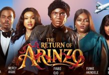 ₦333.8 Million and rising: Iyabo Ojo’s The Return of Arinzo dominates box office, expands globally Movie poster featuring six stylish characters posing in front of a city skyline with an airplane in the sky, and the gold, ornate title 'The Return of Arinzo' across the center.