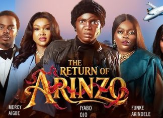 ₦333.8 Million and rising: Iyabo Ojo’s The Return of Arinzo dominates box office, expands globally Movie poster featuring six stylish characters posing in front of a city skyline with an airplane in the sky, and the gold, ornate title 'The Return of Arinzo' across the center.