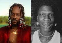 ‘Old fool, you are wack’- Seyi Vibez blasts Adekunle Gold over ‘Fuji Moto’ lyrics Split-screen image: left side shows a man with braids and colorful beads, wearing a red open shirt and gold necklaces outdoors; right side shows a smiling woman in grayscale wearing a necklace indoors.