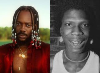 ‘Old fool, you are wack’- Seyi Vibez blasts Adekunle Gold over ‘Fuji Moto’ lyrics Split-screen image: left side shows a man with braids and colorful beads, wearing a red open shirt and gold necklaces outdoors; right side shows a smiling woman in grayscale wearing a necklace indoors.