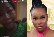 “Please come and help me”- Concern as BBNaija Ilebaye cries out during assault livestream Split-screen: left shows a crying woman in a green patterned top; right shows a glamorous woman with braided updo and pink gown.
