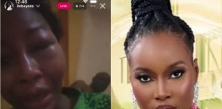 “Please come and help me”- Concern as BBNaija Ilebaye cries out during assault livestream Split-screen: left shows a crying woman in a green patterned top; right shows a glamorous woman with braided updo and pink gown.