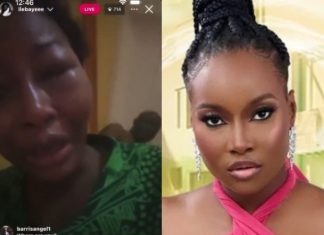 “Please come and help me”- Concern as BBNaija Ilebaye cries out during assault livestream Split-screen: left shows a crying woman in a green patterned top; right shows a glamorous woman with braided updo and pink gown.