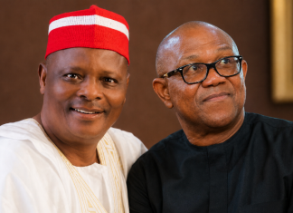 Obi, Kwankwaso join NDC ahead 2027 general elections Two men pose for a photo: one in white traditional attire with a red hat, the other in black with glasses, both smiling.