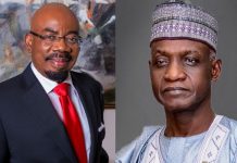 Breaking: Zenith Bank founder Jim Ovia retires as Chairman, Bello takes over Two men shown side by side: left is a smiling man in a dark suit and red tie with glasses; right is a man in light blue traditional attire and a patterned cap, with a neutral expression.