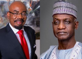 Breaking: Zenith Bank founder Jim Ovia retires as Chairman, Bello takes over Two men shown side by side: left is a smiling man in a dark suit and red tie with glasses; right is a man in light blue traditional attire and a patterned cap, with a neutral expression.