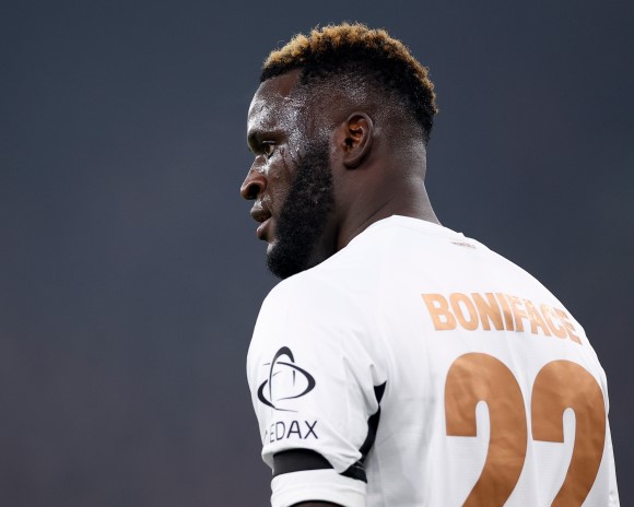 UEFA Champions League - Liverpool vs Leverkusen Footballer in a white jersey, back visible with number 22 and name BONIFACE, facing left on the field.