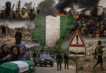 Nigeria records 12,954 violent deaths in 2025 as insecurity worsens Collage showing Nigeria's green-white-green map surrounded by scenes of conflict: burning tanker, armed militants, soldiers, refugees and grieving civilians.
