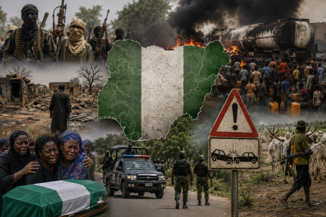 Violence 1 Collage showing Nigeria's green-white-green map surrounded by scenes of conflict: burning tanker, armed militants, soldiers, refugees and grieving civilians.