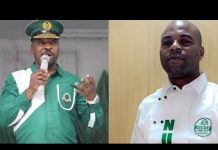 Olofa Peace Move Fails to End Cold War Between Sego and Oluomo Split image of two men: left in green uniform and hat speaking into a microphone; right in a white shirt with a green logo, standing against a light wood background.