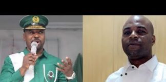 Olofa Peace Move Fails to End Cold War Between Sego and Oluomo Split image of two men: left in green uniform and hat speaking into a microphone; right in a white shirt with a green logo, standing against a light wood background.