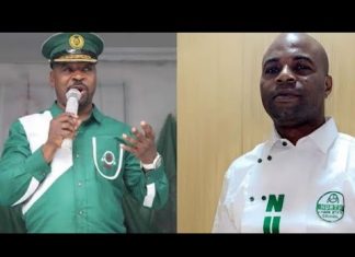 Olofa Peace Move Fails to End Cold War Between Sego and Oluomo Split image of two men: left in green uniform and hat speaking into a microphone; right in a white shirt with a green logo, standing against a light wood background.