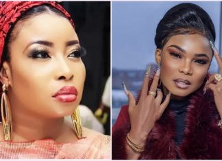 Lizzy Anjorin accepts Paulo’s ₦10m boxing showdown to fight Iyabo Ojo Side-by-side portraits of two glamorous women: left: red headwrap, gold earrings, bold makeup and red lipstick; right: sleek updo, fur stole, layered jewelry, and manicured nails.