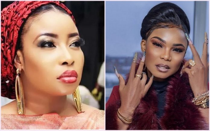 Side-by-side portraits of two glamorous women: left: red headwrap, gold earrings, bold makeup and red lipstick; right: sleek updo, fur stole, layered jewelry, and manicured nails.